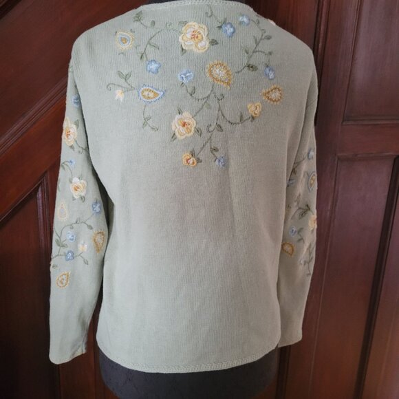 Talbots Floral Embroidered Sweater S Cotton Blend Green Yellow Blue - Picture 5 of 8